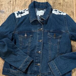 dELiA*s Dark Blue Denim Jacket with White Lace Accents.        D , size large